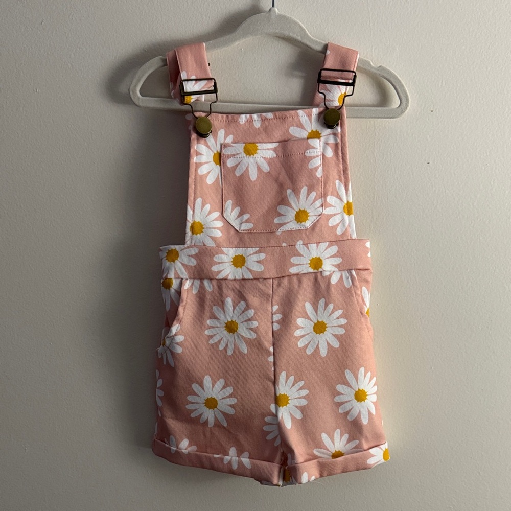 Pink Daisy Print Short Overalls